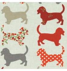 Hound Dog Fabric - greys, orange reds and florals