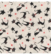 Cheeky Black Cat Fabric (Linen Pearl and Red) - 100% Cotton Designer Print