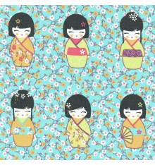 Kokeshi Japanese Wooden Dolls Fabric (Turquoise Blue)