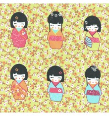 Kokeshi Japanese Wooden Dolls Fabric (Soft Anise)