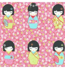 Kokeshi Japanese Wooden Dolls Fabric (Pink)