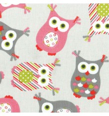 Fashionista Owls fabric (Pink, Grey, Vert Anis, Red & White)