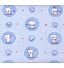 CHILDREN'S 100% COTTON DESIGNER PRINT - TEDDIES & RABBITS (Bleu)