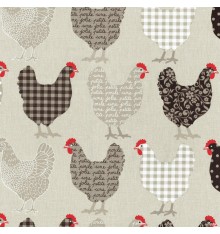 Chicken Fashion Show fabric - Light & Dark Taupes, Chocolate, Red & White