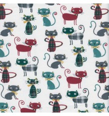 Meow! Miaow! Cat fabric - Claret Violet, Peppermint, Grey & chic Tartans