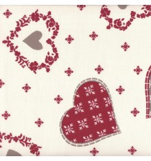 Hearts & Snowflakes Cotton Print (Alpine) - Ecru, Red & Taupe