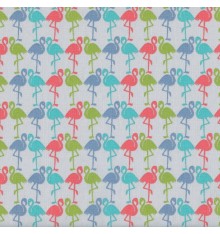 THE TWO FLAMINGOS Fabric - Blues, Green and Coral Pink