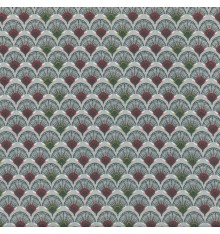 SUNRISE FANS Fabric - Red, Olive Green, Taupe and White on Mid Grey