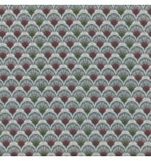 SUNRISE FANS Fabric - Red, Olive Green, Taupe and White on Mid Grey