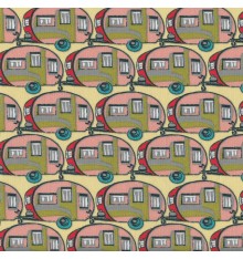 RETRO CARAVANS Fabric - Pink, Red, Teal, Taupe & Olive Green on Lemon