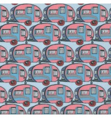 RETRO CARAVANS Fabric - Pink, Purple, Red, Grey & Sky Blue on Baby Blue