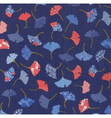 GINKGO LEAVES fabric - red, blue & white on navy