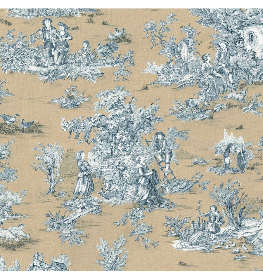 Toile de Jouy Fabric (La Grande Vie Rustique) Golden Beige - Textiles ...