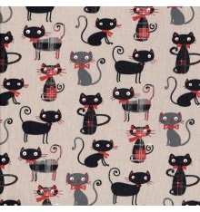 Meow! Miaow! Cat fabric - Beige Grey, Reds, Grey, Black & Tartans