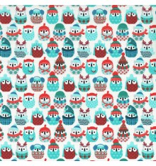 Winter Owls fabric - Glacier Blues & Red on White