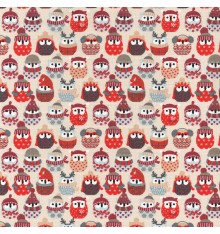 Winter Owls fabric - Winter Reds, Taupes & Grey on Latte