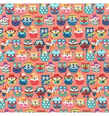 Summer Owls fabric - Multicolour on Coral Pink