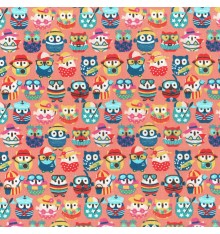 Summer Owls fabric - Multicolour on Coral Pink