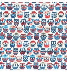 Summer Owls fabric - Navy, Red & Sand on White