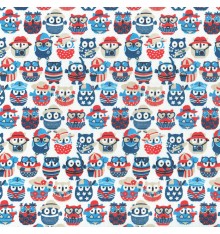 Summer Owls fabric - Navy, Red & Sand on White