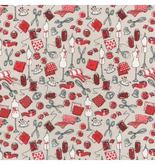 Let's Get Sewing fabric - Reds, White & Grey on Cloudy Grey
