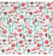 Let's Get Sewing fabric - Red, Coral, Grey, White & Mint