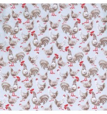 Roosters & Hens chicken fabric - Naturals and Red on Beige Grey