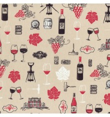 Vin Rouge fabric - Red, Black & White on Light Oak Barrel