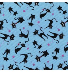Cheeky Black Cat Fabric (Sky Blue and Rose Pink) - 100% Cotton Designer Print