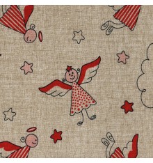 Red Festive Christmas Angels Fabric - red on linen pearl